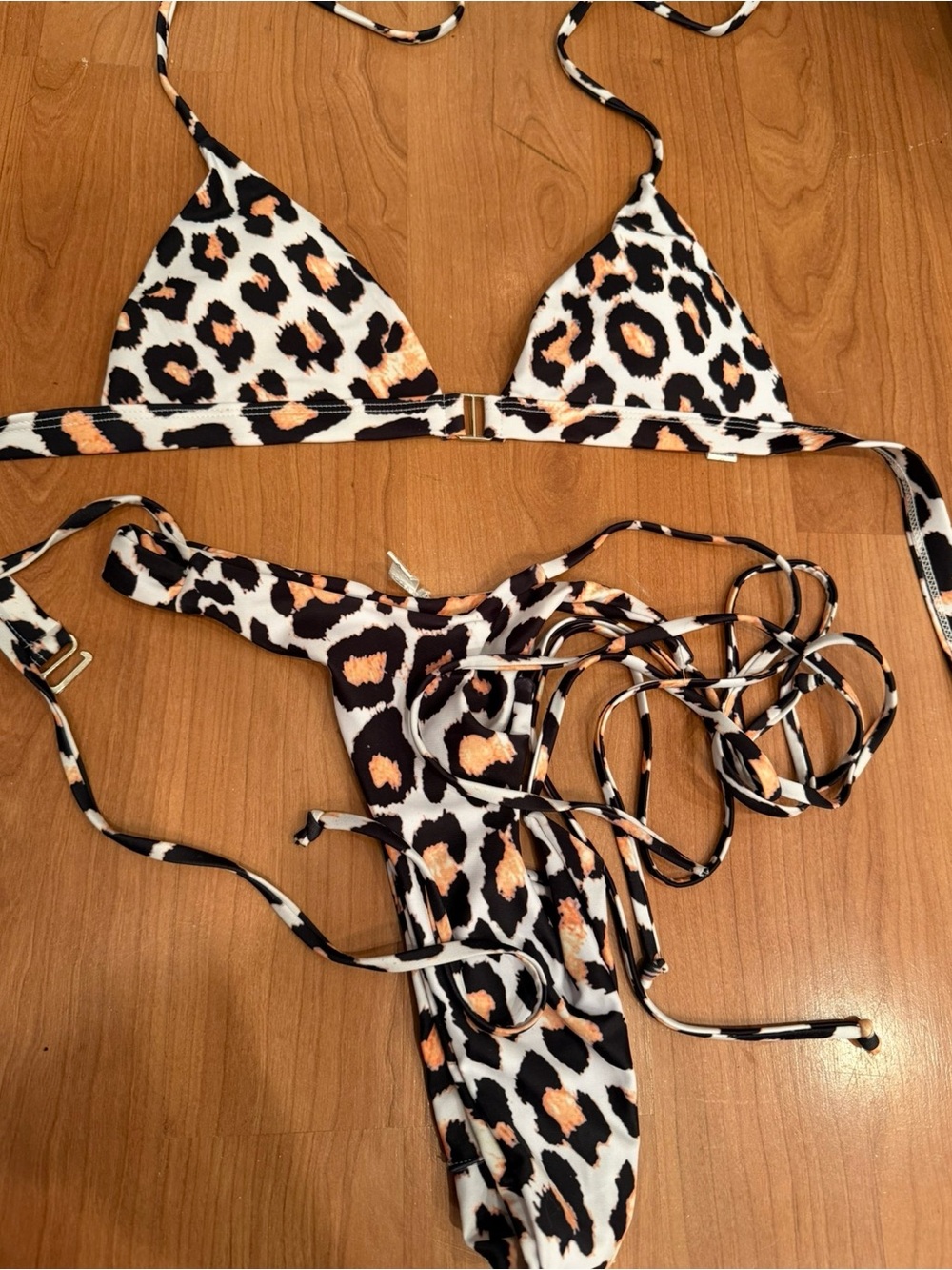 Leopard Print String Bikini Set - White, Black & Tan